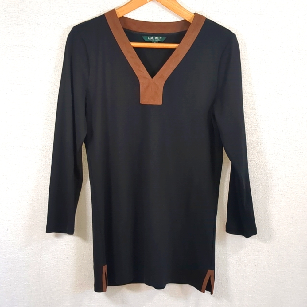 Lauren Ralph Lauren Women's Black Tunic Top w/ Brown Faux Suede Detail Size Med